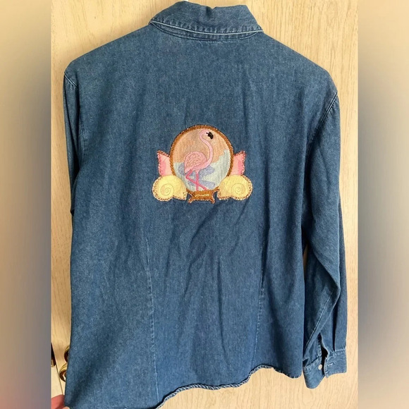 Vintage Bugle Boy Denim Shirt w/ Flamingo Appliqué on Back Sz Large - Picture 2 of 8